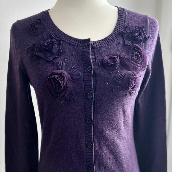 Banana Republic Rosettes & Sequins Embellished Deep Grape Merino Cardigan – US S - Picture 3 of 11